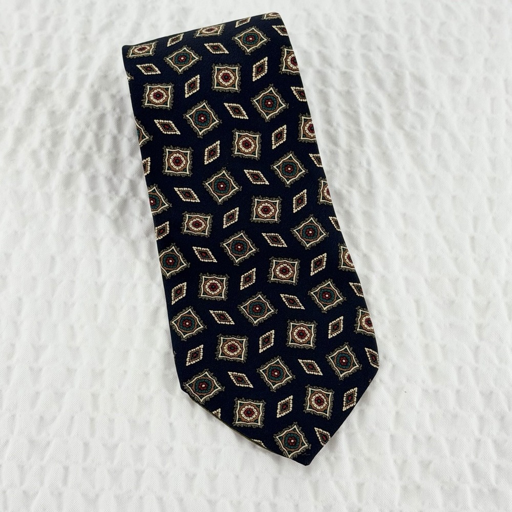 CHAPS Ralph Lauren Vintage Silk Necktie Navy Geometric Medallion USA